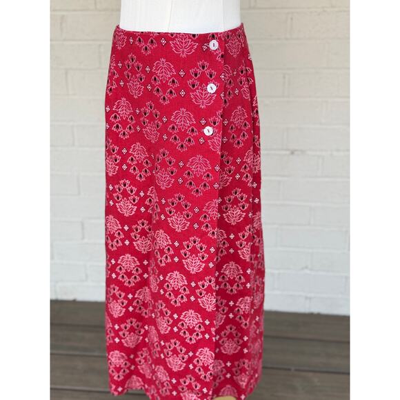 Coldwater Creek Red Linen Blend Midi Wrap Skirt Bandana Print Buttons PS - Picture 2 of 5